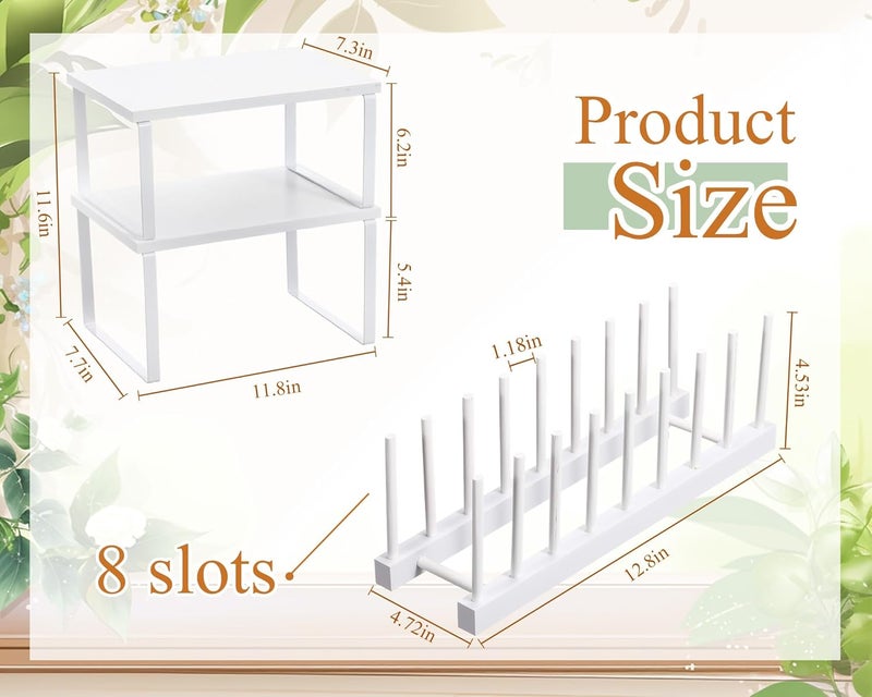 Marsui 4 Pcs Kitchen Organizer Accessories Set Cabinet Organizer Shelf and Bamboo Dish Drying Plate Rack Counter Shelves Storage Holder for Spice Rack, Dish, Pot Lid, Bowl, Cup (White) - Image 2